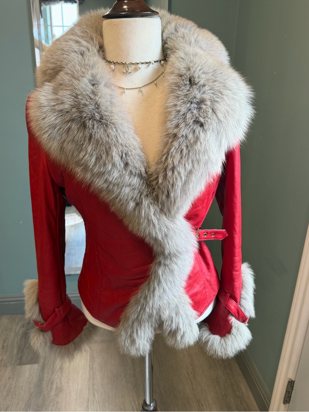 Women's Red Jacket with Gray Fur Trim